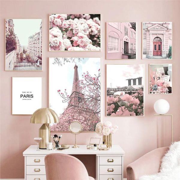 

paintings pink building scenery picture canvas painting nordic flower wall art poster and print for modern home decor living room design