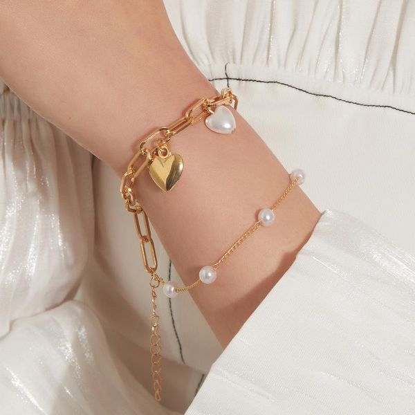 

charm bracelets boho punk hip hop simulated pearl bangles for women charms multi layered chain vintage fashion jewelry gift, Golden;silver