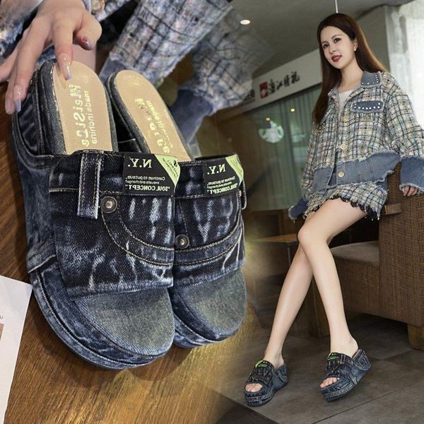 

slippers summer denim flat sandals and sponge cake with thick-soled women's, Black