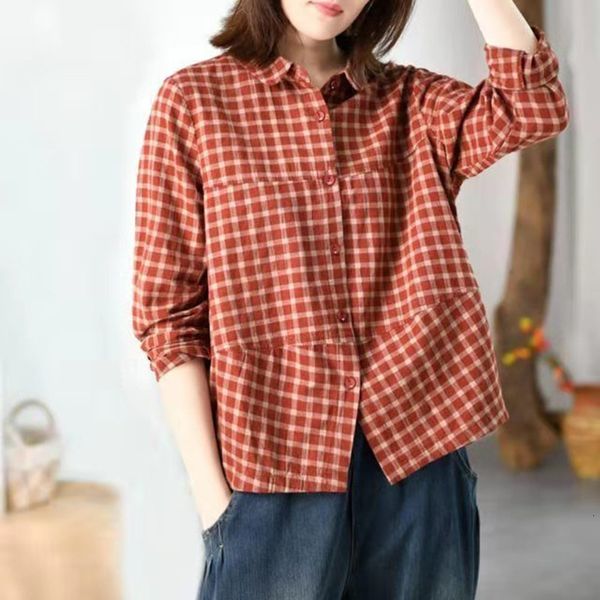

women's blouses & shirts spring arts style women loose turn-down collar long sleeve blouse single breasted plaid cotton patchwork, White
