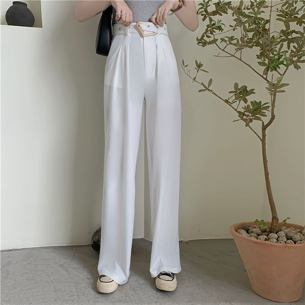 

plus size high waist straight wide leg pants women autumn ol bottoms solid loose casual suit with belt 210421, Black;white