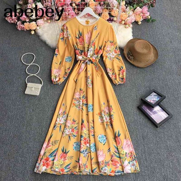 

summer temperament o-neck long sleeve dress high waist lace up waist print mid-length a-line big skirt dress 210715, Black;gray