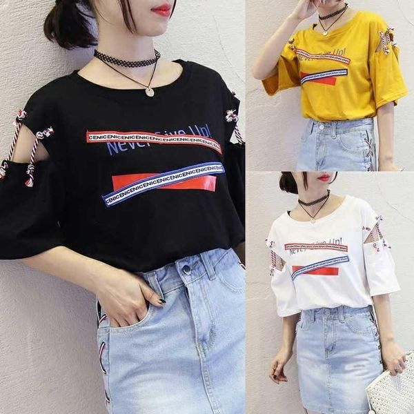 

women's t-shirt short-sleeved round neck female shirts for woman korean version of the hollow out casual cartoon printing patter, White