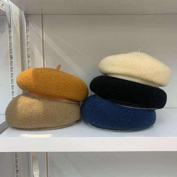

children's autumn and winter wool solid color versatile rhinestone beret british octagonal hat casual painter's wardrobe accessori, Blue;gray