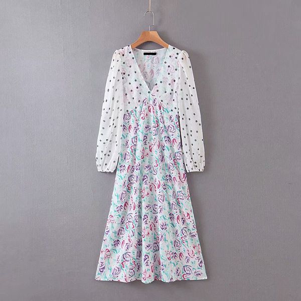 

stylish sweet v-neck polka dot floral print patchwork chiffon dress fashion women v-neck long dresses cute girls casual outwear 210520, Black;gray