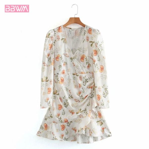 

women printed v-neck dress with long sleeves vintage slim lotus leaf small fresh chic female dress vestidos mujer 210507, Black;gray