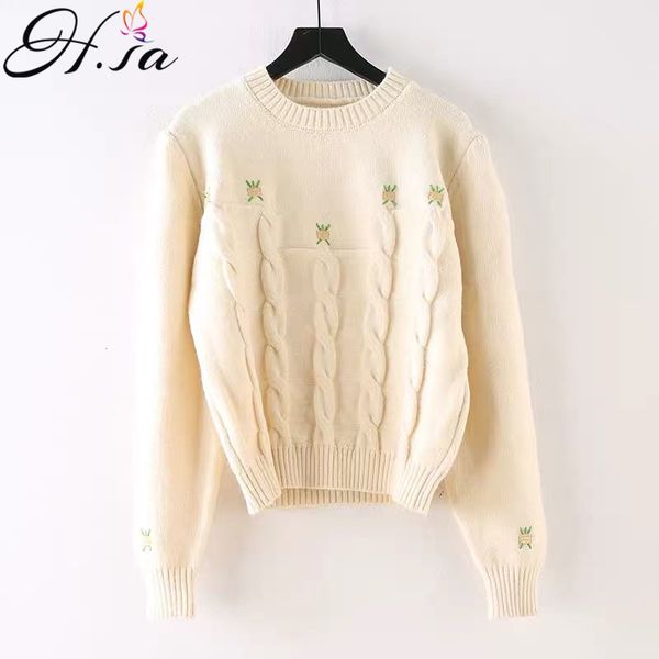 

h.sa winter women floral and sweaters oneck crop jumpers orange elegant female sweater pull femme twisted pullover 210417, White;black