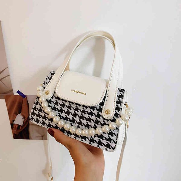 

handbags bags meimu 2021 summer fashion women's checkered pearl hand one shoulder small square diagonal cross, Black;red