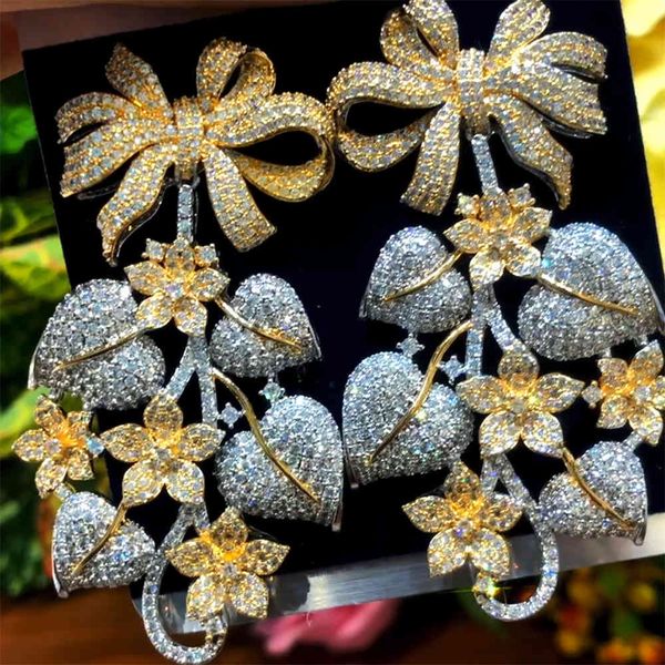 

godki luxury pumpkin leaf flower bowknot nigerian long dangle for women wedding zirconia cz dubai gold bridal earrings, Black