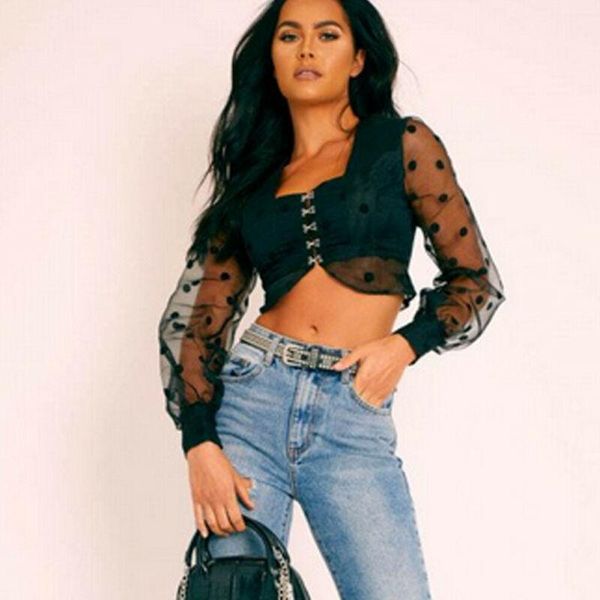 

women's blouses & shirts fashion women long sleeve mesh blouse lantern crop vintage polka dot print baggy neck, White