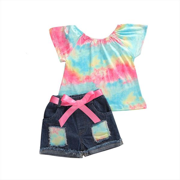 

baby summer clothing toddler kids girl outfits 2pcs short sleeve colorful printing shirt amp jeans shorts set 1 6t, White