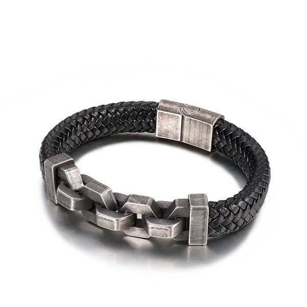 

link, chain vintage inspired jewelry stainless steel thick cowhide 13mm antique leather bangle bracelet for men 21.5cm, Black