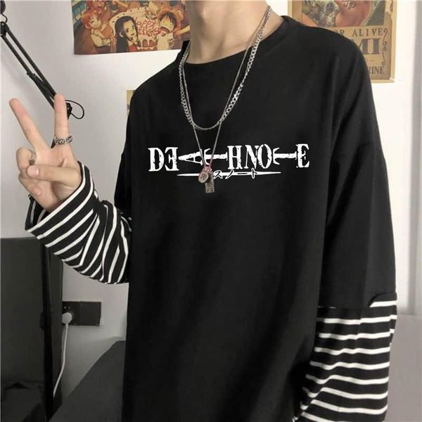 

harajuku anime death note manga t shirt women kpop aesthetic streetwear male hip hop summer fake two piece stripes tshirts women's t-s, White