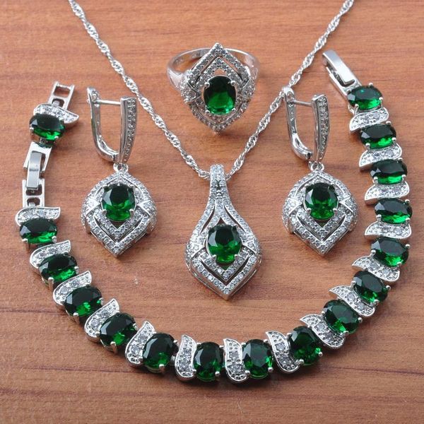 

wedding jewelry sets birthday gift amazing blue crystal 925 silver for women cz earrings necklace set rings bracelet js0607, Slivery;golden