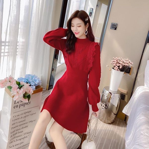 

casual dresses winter women knitted basic red lace patchwork sweater dress turtleneck slim knitwear female weihnachten robe pull femme, Black;gray