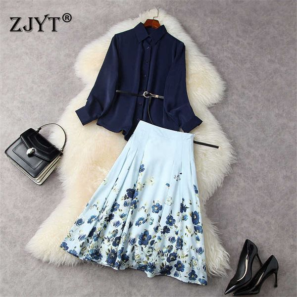 

fashion spring runway suit women elegant long sleeve blouse and floral print skirt 2 piece sets office outfits 210601, White