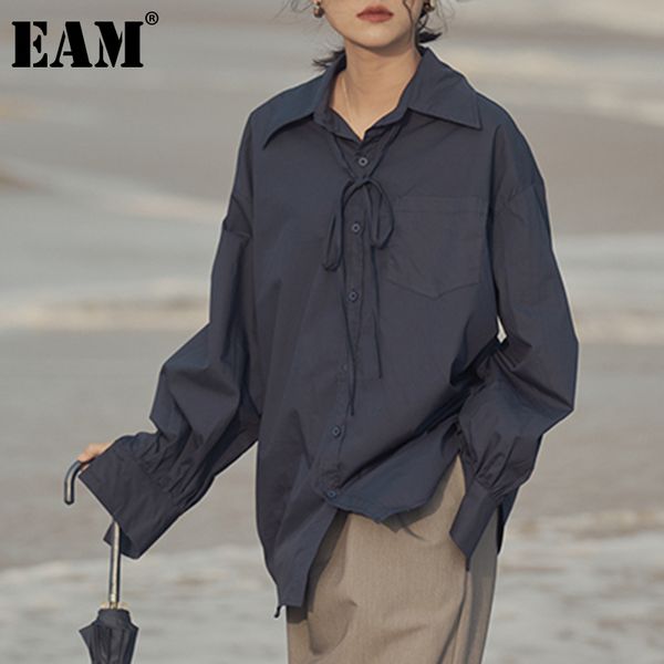 

[eam] women white big size casual bandage blouse lapel long sleeve loose fit shirt fashion spring autumn 1dd6569 210512