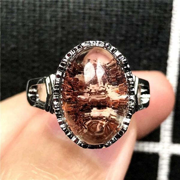 

cluster rings 15x12mm natural ghost red phantom quartz ring for woman man crystal love beads garden silver adjustable jewelry, Golden;silver
