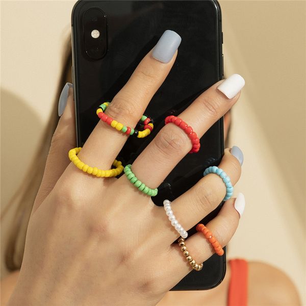 

bohemian mixed color beaded finger rings women retro colorful elastic rope ring 8 pieces vacation gift party hand jewelry sets accessories w, Golden;silver