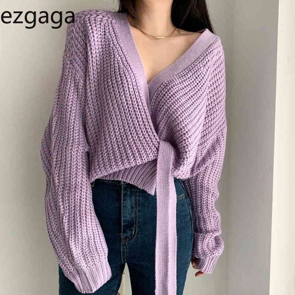

ezgaga purple sweater women chic v-neck tender lace up long sleeve knitted cardigan solid office lady elegant sweaters winter 210430, White