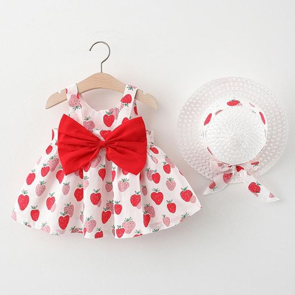 

baby kids girls summer dress sleeveless bow flower print princess hat set outfit for children's clothing girl's dresses, Red;yellow