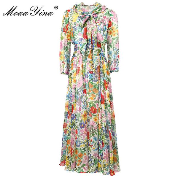 

fashion designer summer chiffon vacation women's bow tie lantern sleeve loose floral print long holiday dress vestidos 210524, Black;gray