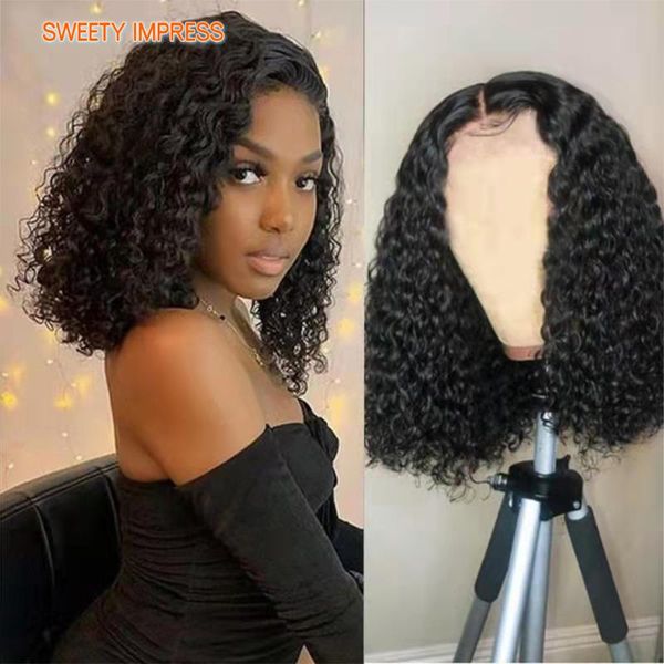 

lace wigs short deep wave bob front human hair t part 4x4x1 closure wig for women curly pre plucked, Black;brown