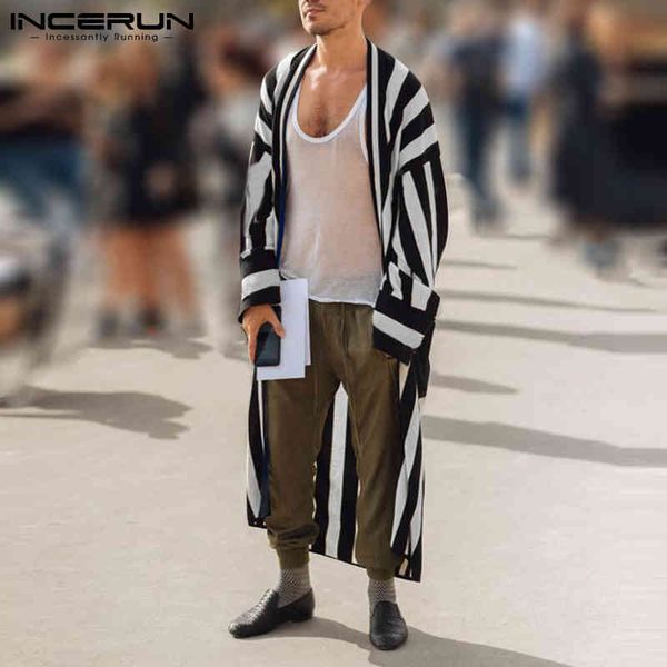 

men's striped windbreaker, loose sved street cloth, cardigan, casual knitting, long coat, 2021, Tan;black