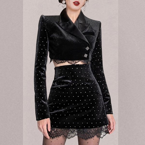 Mulheres Diamante Terno de Veludo Conjunto Primavera Manga Longa Comercial Collar Retalhador Patchwork Blazer Top + Bodycon Mini Skirt 210416