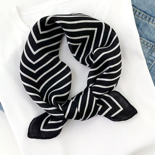 

women natural silk square scarf retro striped headband office lady neckwear female handbag decoration gift 53x53cm scarves, Blue;gray