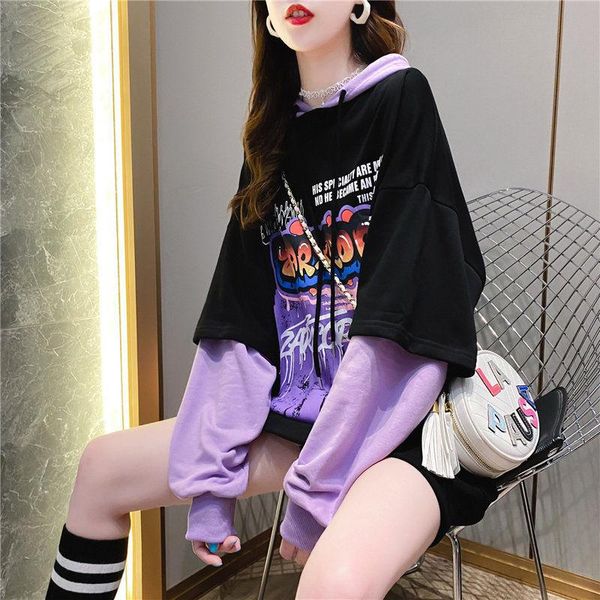 

women's hoodies & sweatshirts korean loose woman oversized hoodie fake 2 piece harajuku cartoon long streetwear autumn winter cotton st, Black