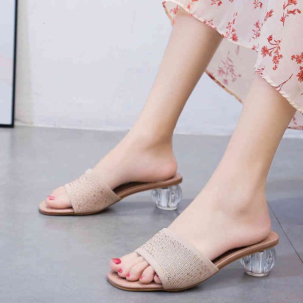 

women high female slippers crystal mesh clear block low heels dnpq, Black