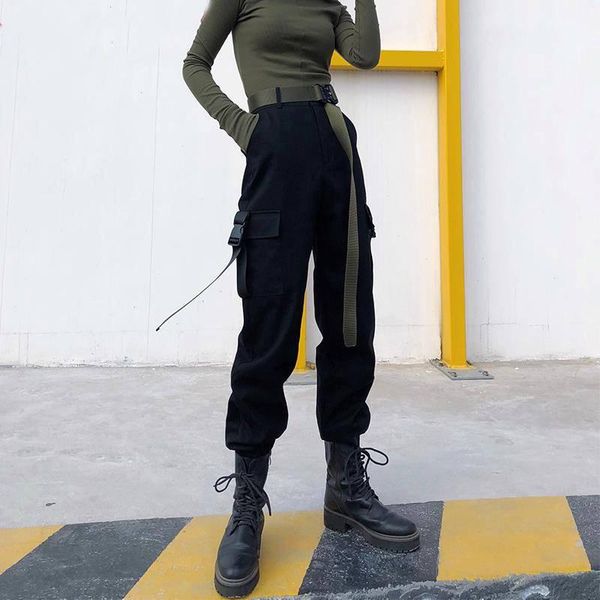 

women's pants & capris black cargo women fashion 2021 pockets patchwork hippie trousers fake zipper woven high waist streetwear, Black;white