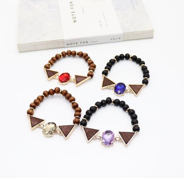 

charm bracelets fashion strand brown wood beaded triangle and oval glass stone bracelet bangles for women wholesale jewelry girl, Golden;silver