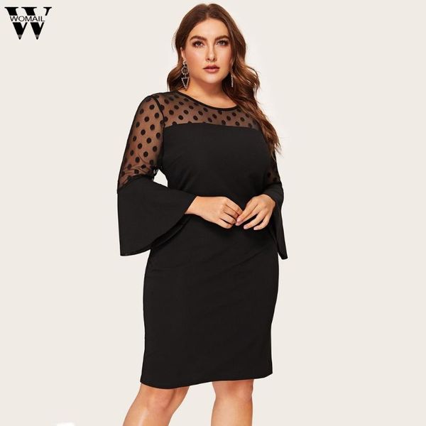 

womail plus size women female patchwork dress fashion flare sleeve mesh dresses polka dot black vestidos st04 casual, Black;gray