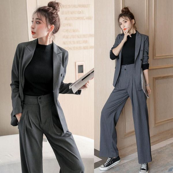 

women's two piece pants suit spring and autumn british style wide-leg with pockets + double-breasted blouse gray two-piece, White