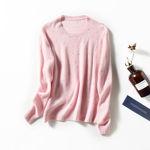 

women's sweaters european and american clothing winter 2022 long sleeve ironed diamond round collar fashion knit pink wool sweater, White;black