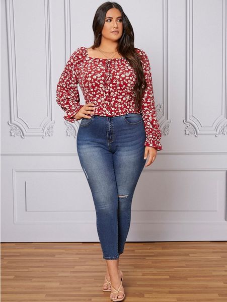

plus ditsy floral print flounce sleeve knot front blouse q3od#, Black