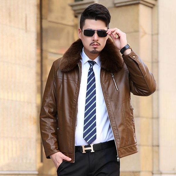 

men's fur & faux high jacket quality 2021 winter warm soft thicken collar detachable zipper man pu leather coat black 1523