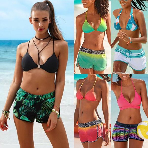 

women's swimwear sport 2 pieces swimming suit women beach wear solid color print halter neck bikini set short biquini, White;black