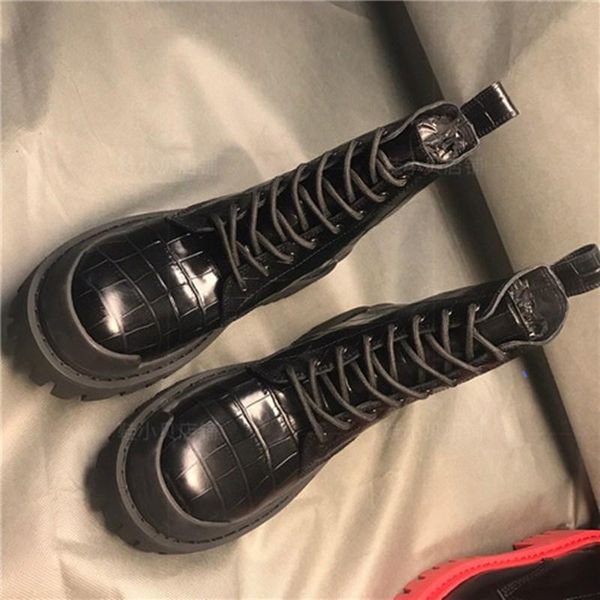 

boots ollymurs women platform thick bottom lace-up ankle genuine leather luxury zapatos mujer, Black