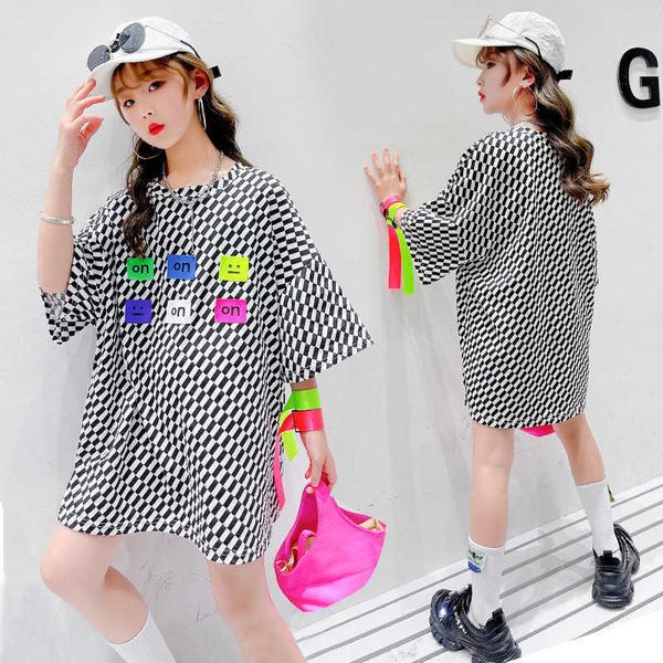 

teen girls boys t shirt summer kids long t-shirt undershirt plaid printed cotton tees for children clothes 10 12 13 14years y0914, Blue