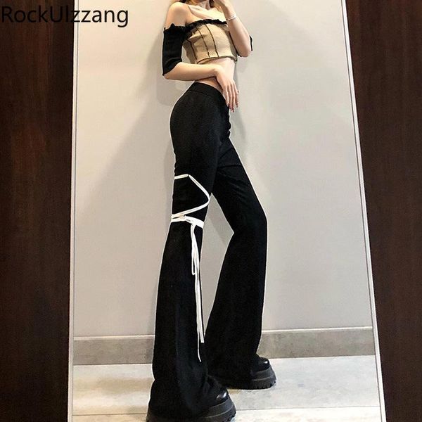 

women's pants & capris high waist patchwork contrast white ribbon lace up string black flare pant bell bottom women bodycon elegant lon, Black;white