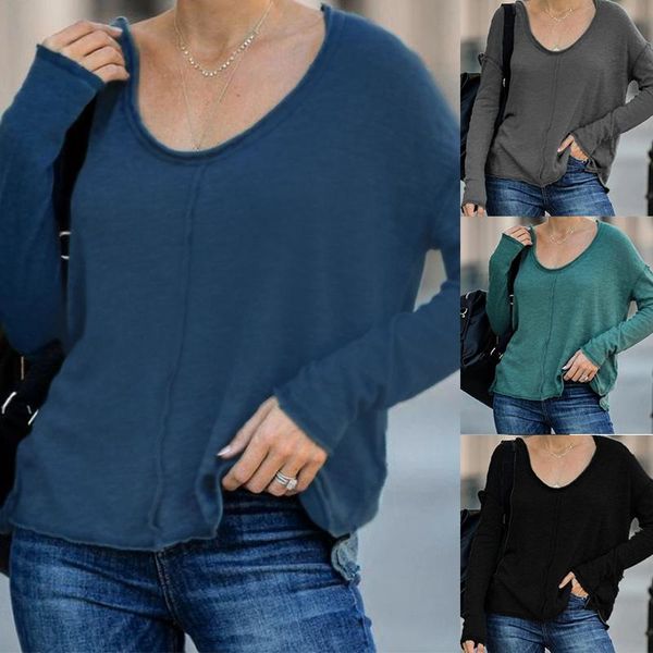 

women's t-shirt fashion casual loose solid color v-neck long sleeve top, White