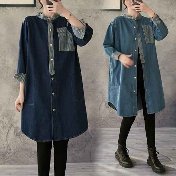 

women's trench coats striped stitching retro denim shirt 2021 spring autumn plus size female nine-point sleeve stand collar windbreaker, Tan;black