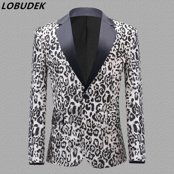 Giacca da uomo Leopard Blazer Jacquard Giacca Giacca Tuxedo Slim Cappotto Bar Nightclub Party Party Host Performance Abbigliamento Singer Singer Chorus Stage Costume Euro Plus Size