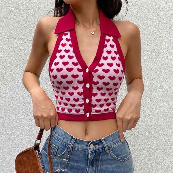 

women's halter crop tank red love heart print ladies tanks backless deep v-neck sleeveless button summer camis 210518, White
