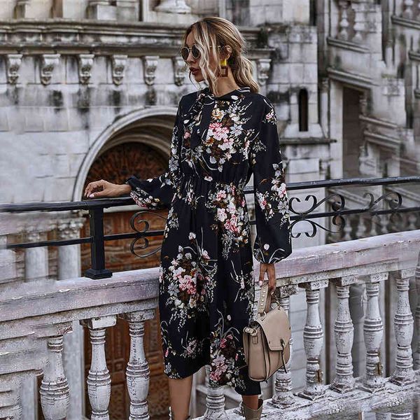 Foridol Flower Print Boho Autunno Inverno Lungo Maxi Abito Donna Elegante manica lunga da donna Abito nero con spacco 210415