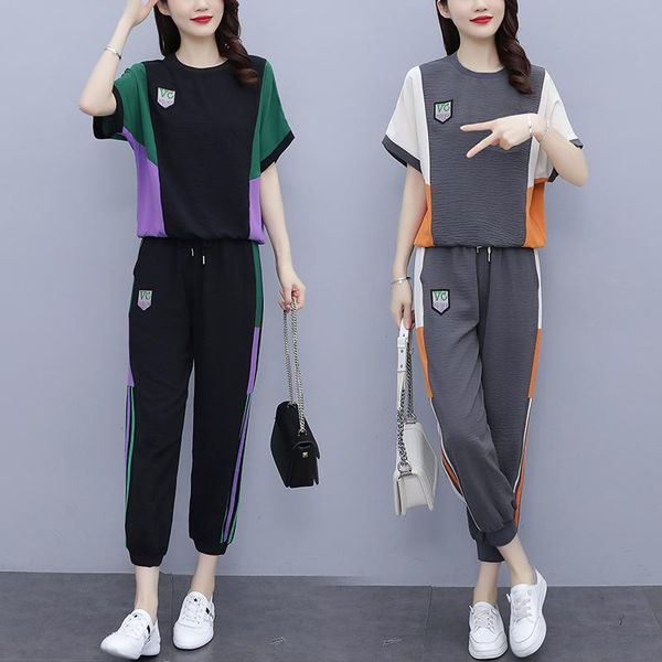 

women's two piece pants summer fashion leisure sui patchwork pants set ensemble femme survetement year-old female costume tracksuit wom, White