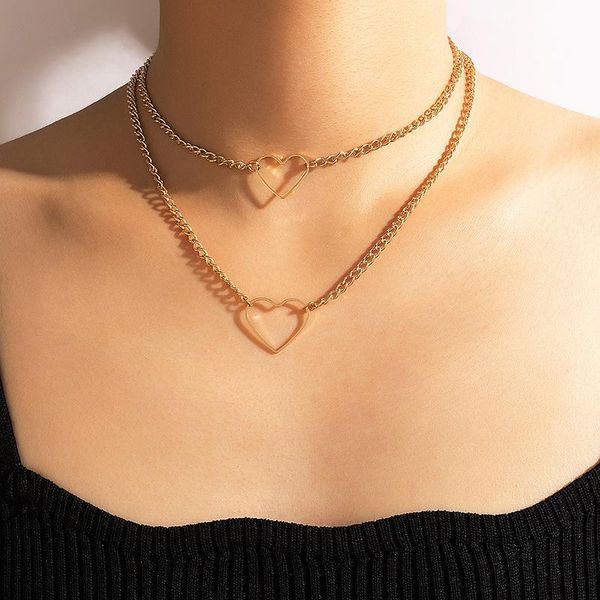 

chokers ins simple love heart layered necklace for women fashion hollow geometry alloy metal choker clavicle chain jewelry 17741, Golden;silver